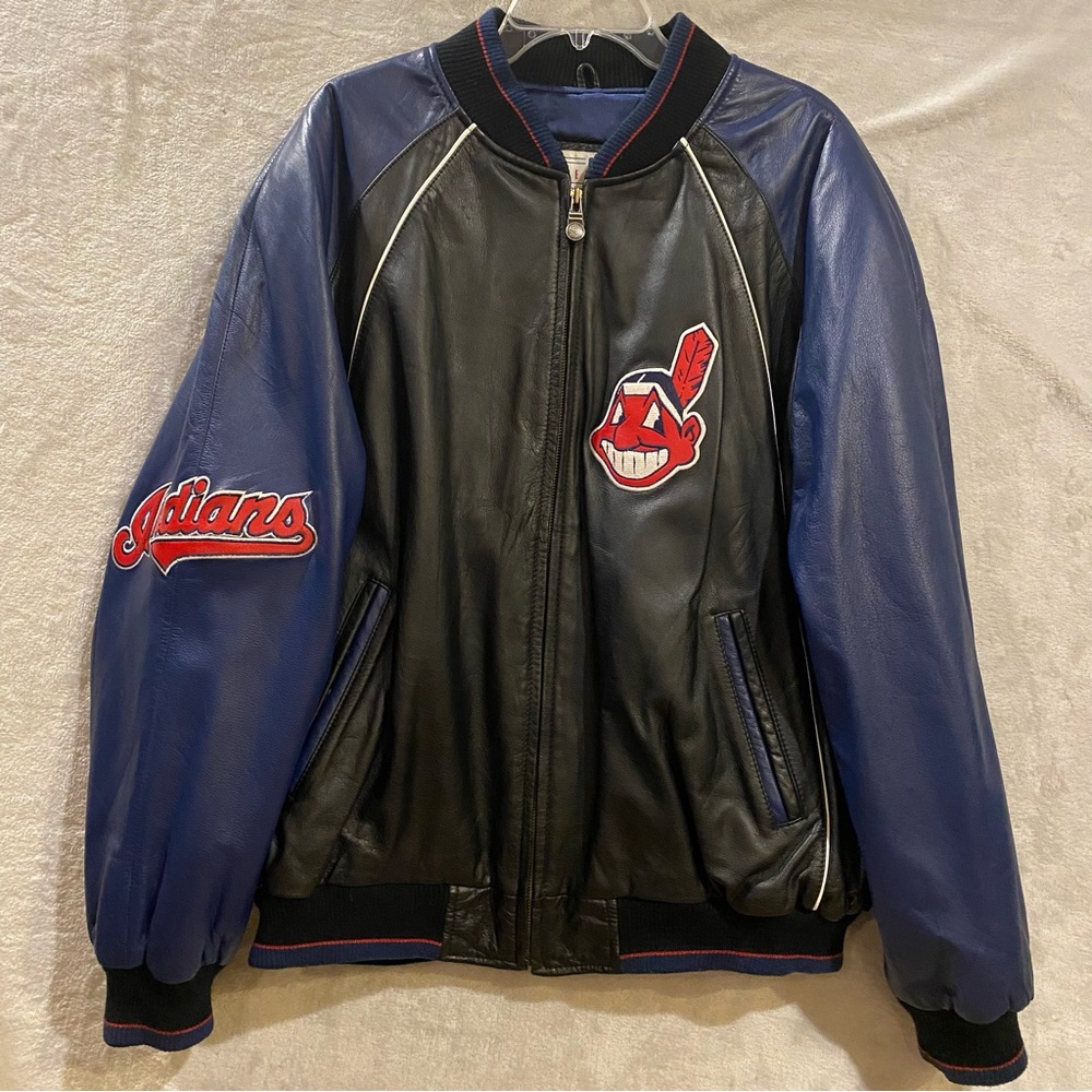 Vintage Cleveland Indians Jacket Men’s XL Black Blue Genuine Leather Full Zip